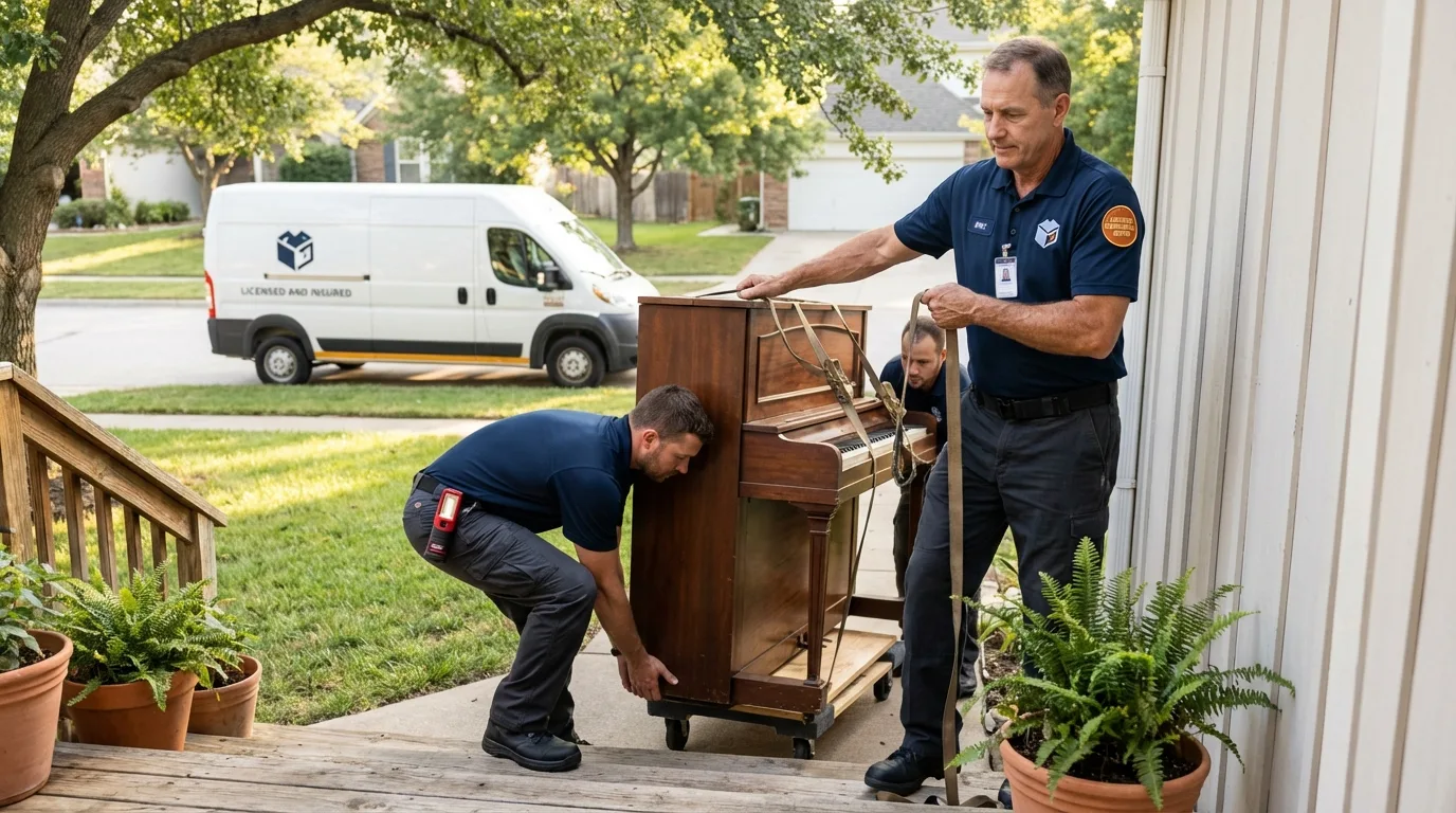 Licensed piano movers securing grand piano in Center Moriches, NY