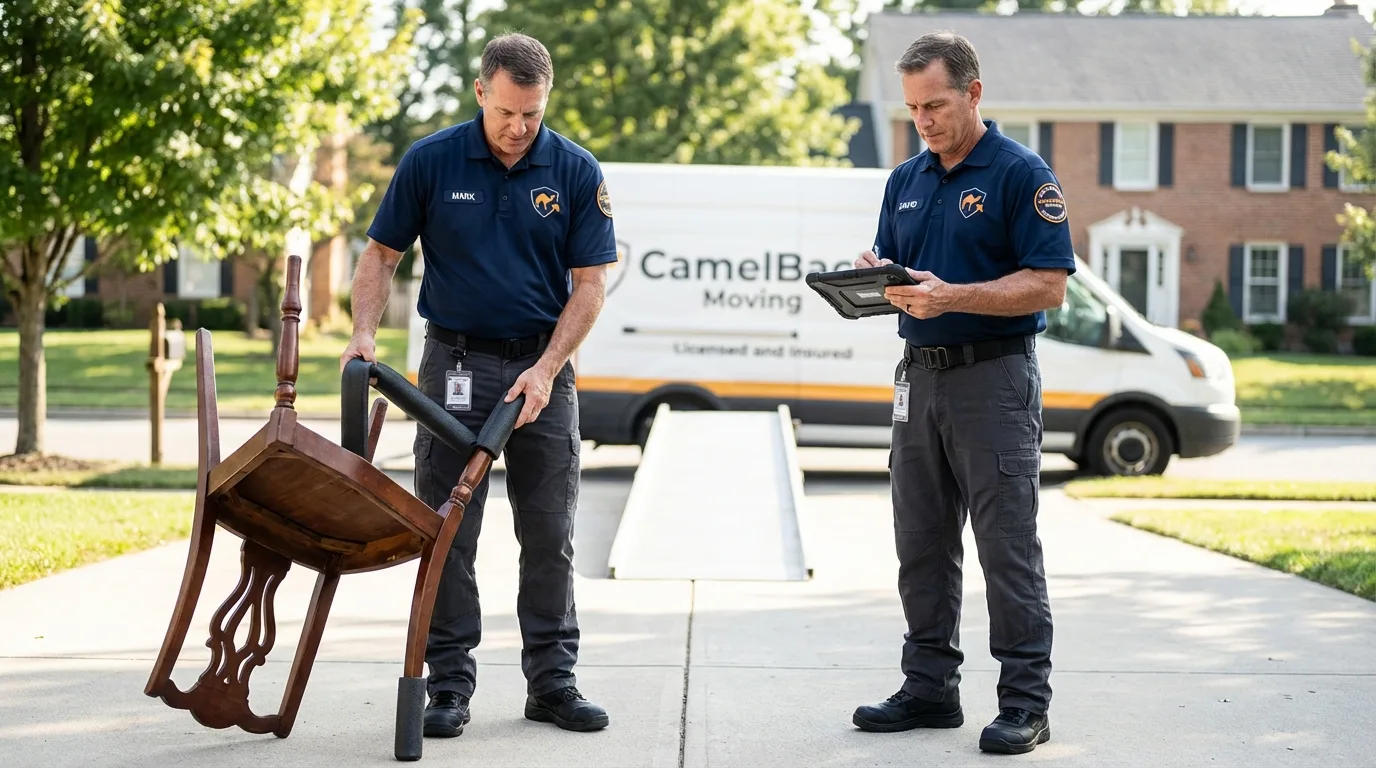 Movers inspecting furniture for damage prevention before loading in Center Moriches, NY