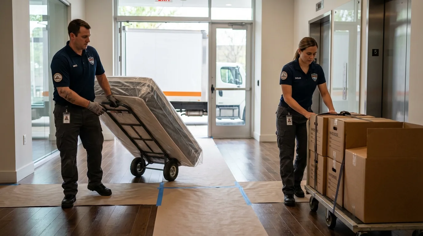 Professional apartment movers loading elevator in Center Moriches, NY