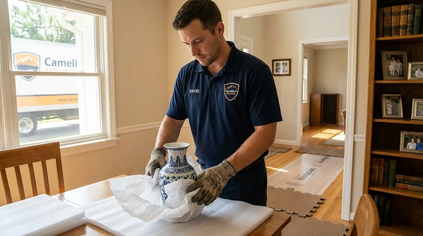 Professional crew carefully wrapping antique vase for senior downsizing move in Center Moriches, NY